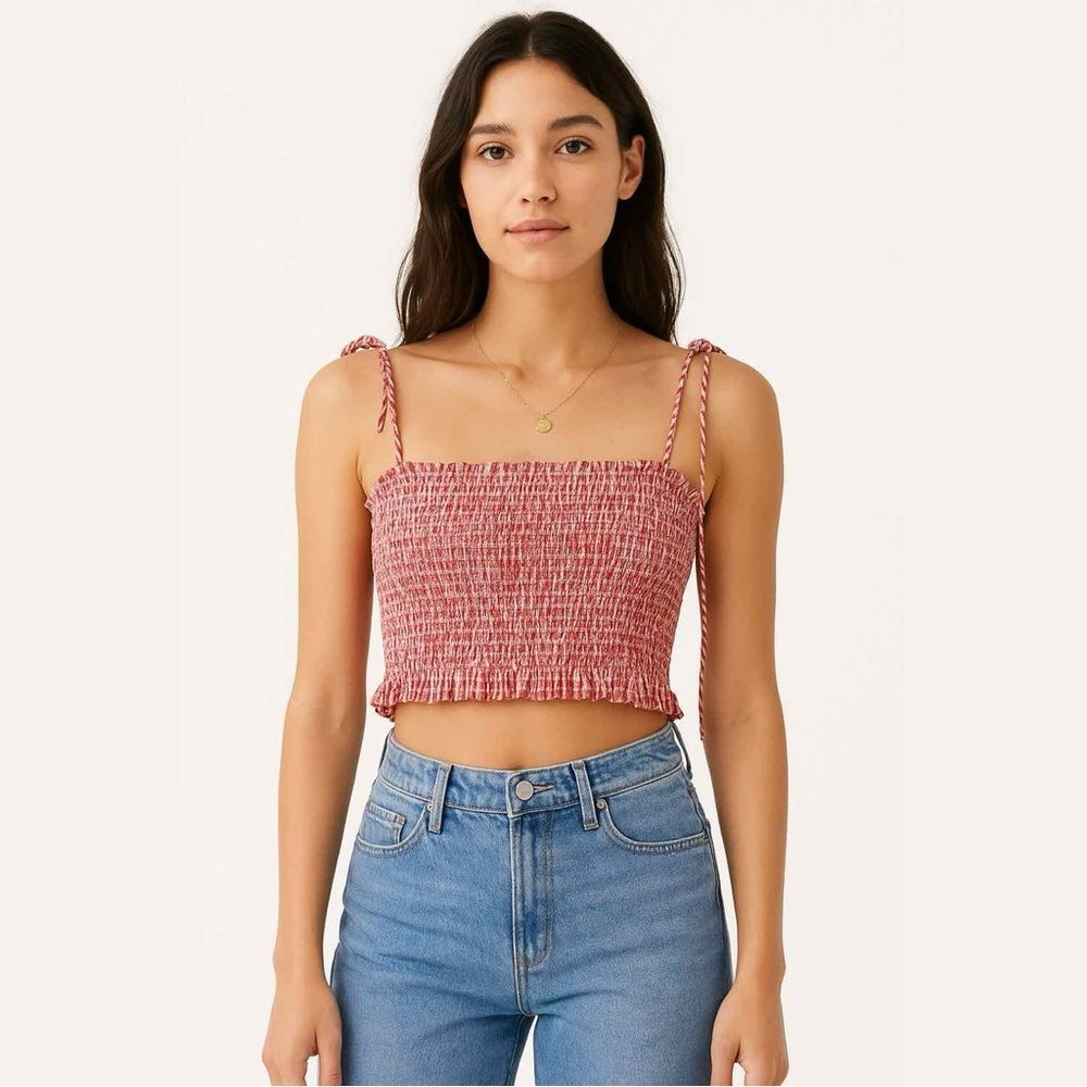 NWOT English Factory Gingham Red Plaid Smocked Ruffle Tie Crop Top